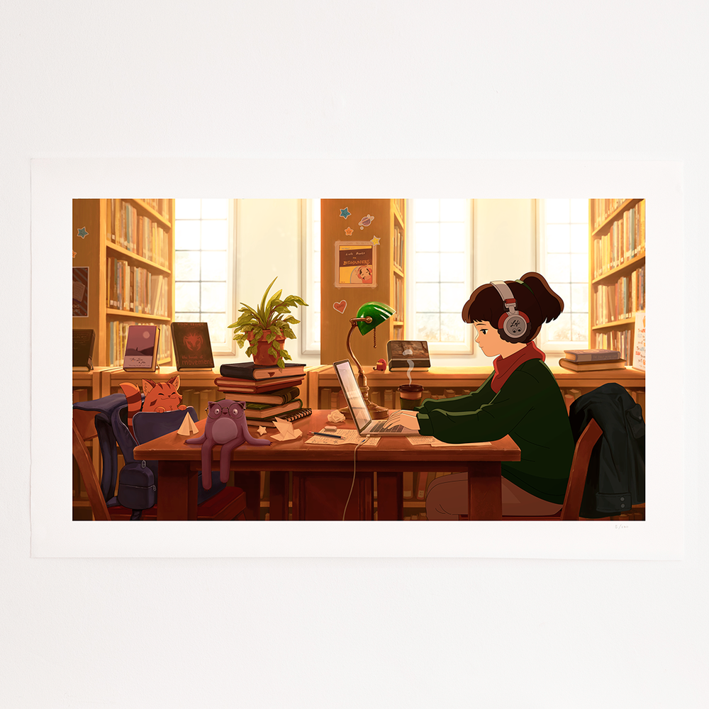 An illustration of a girl wearing headphones while studying at a library table. The room is warmly lit with sunlight streaming in through large windows, surrounded by bookshelves filled with books. Various objects like a laptop, potted plant, and cat figurine are placed on the table, adding a cozy atmosphere.