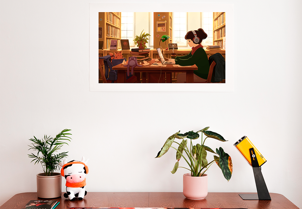 A minimalist desk setup featuring a print of a library-themed illustration with a girl wearing headphones, hung above the desk. The desk is neatly arranged with potted plants, a plush cow toy, and colorful desk accessories, creating a serene and organized workspace.