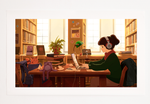 An illustration of a girl wearing headphones while studying at a library table. The room is warmly lit with sunlight streaming in through large windows, surrounded by bookshelves filled with books. Various objects like a laptop, potted plant, and cat figurine are placed on the table, adding a cozy atmosphere.