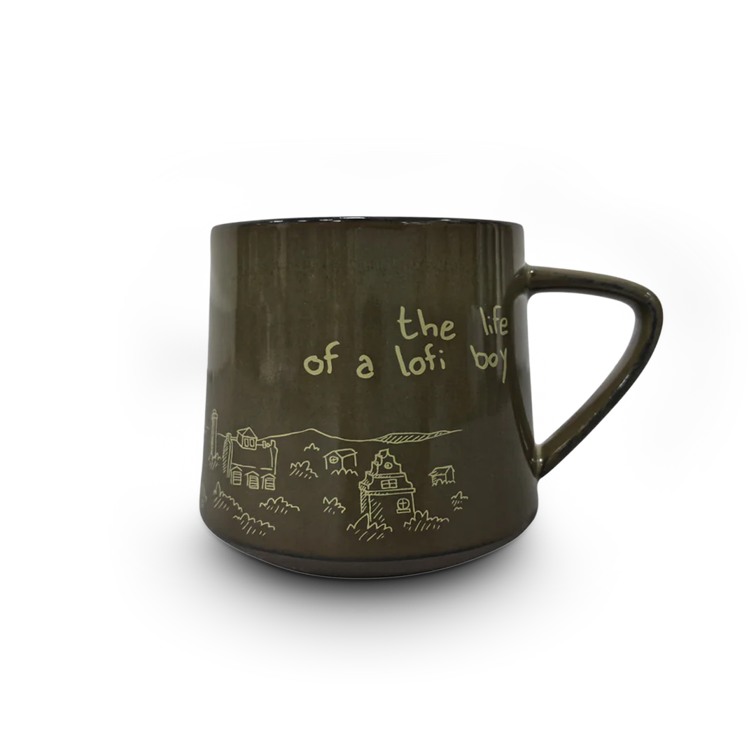 Brown mug with white text and graphics on a white background
