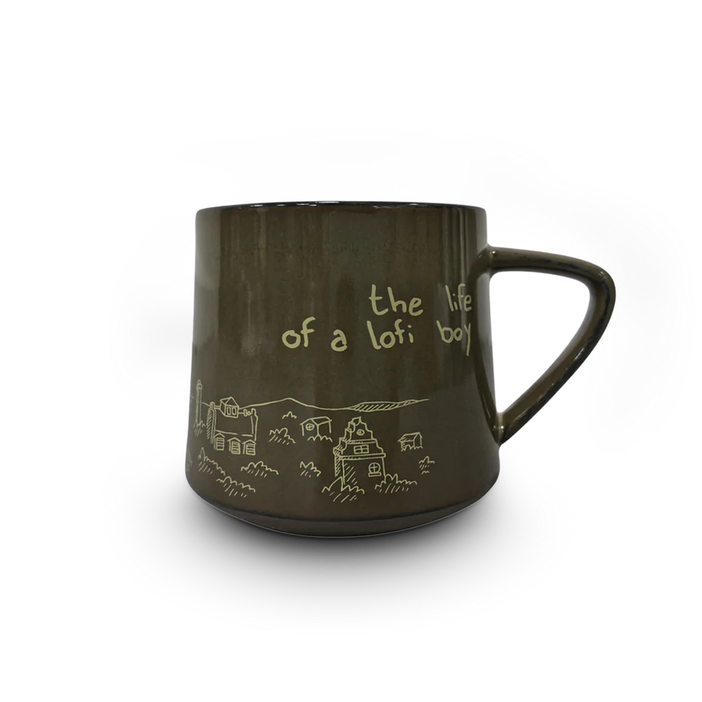 Brown mug with white text and graphics on a white background