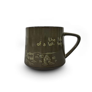 
                  
                    Brown mug with white text and graphics on a white background
                  
                