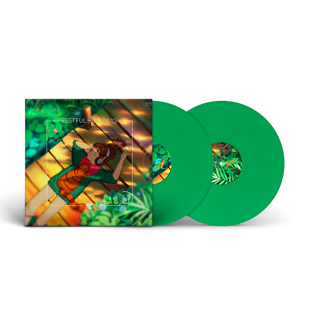 Lofi Girl restful holidays green vinyl record with colorful cover featuring a person lying on grass