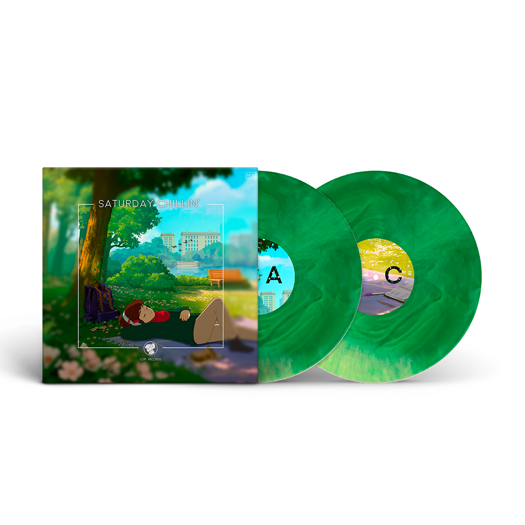 Lofi Girl Saturday Chillin' Green vinyl records with a colorful cover featuring an illustration of a park scene.