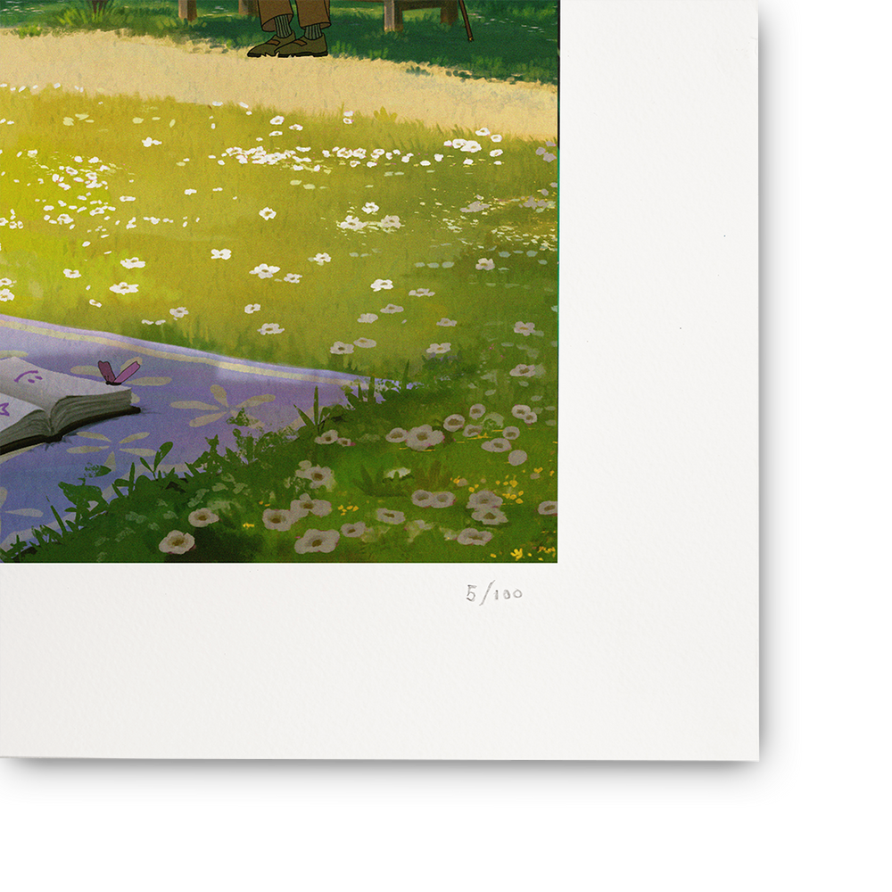 
                  
                    Art print of a serene landscape with a book on a grassy field with flowers.
                  
                