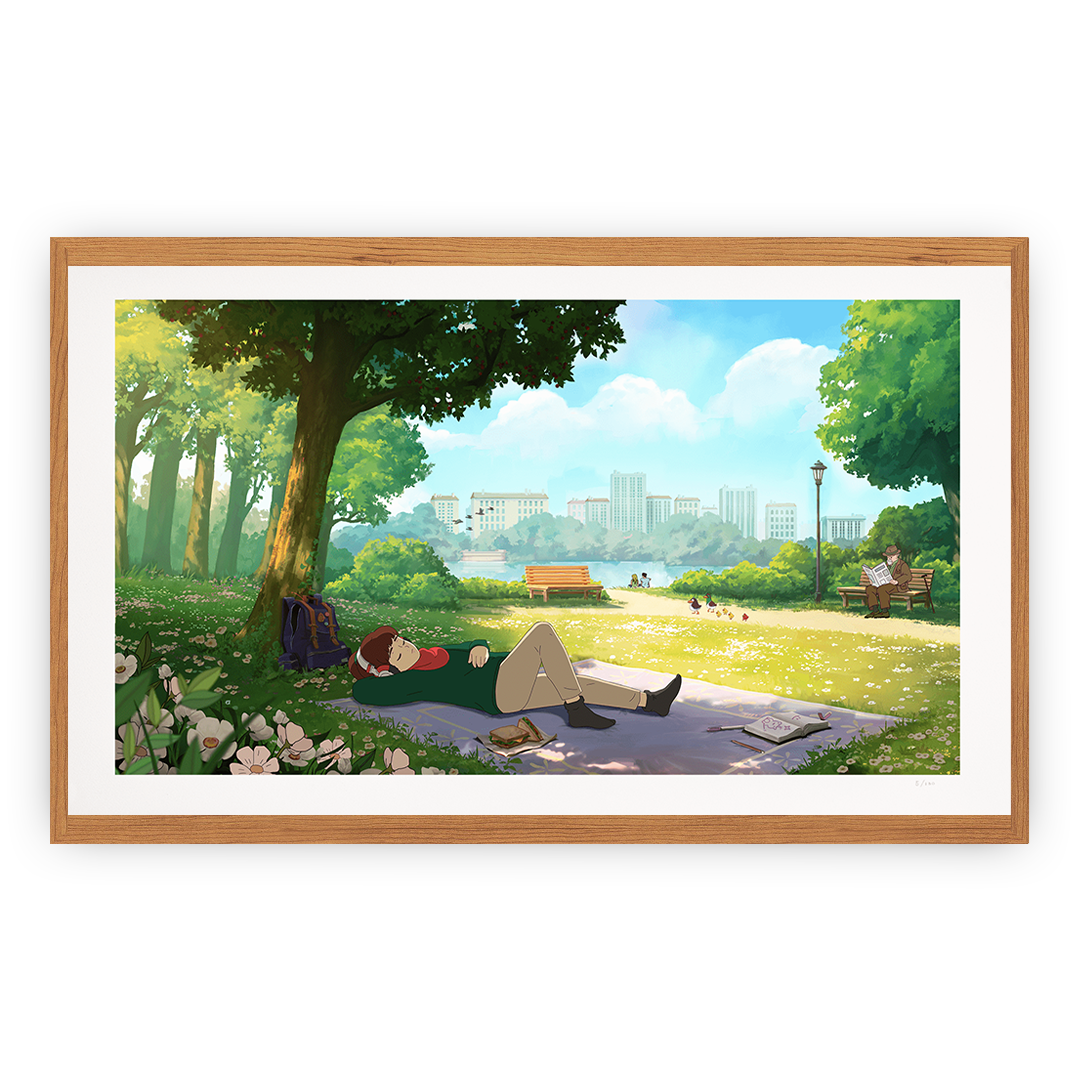 Framed artwork of a park scene with people relaxing under trees