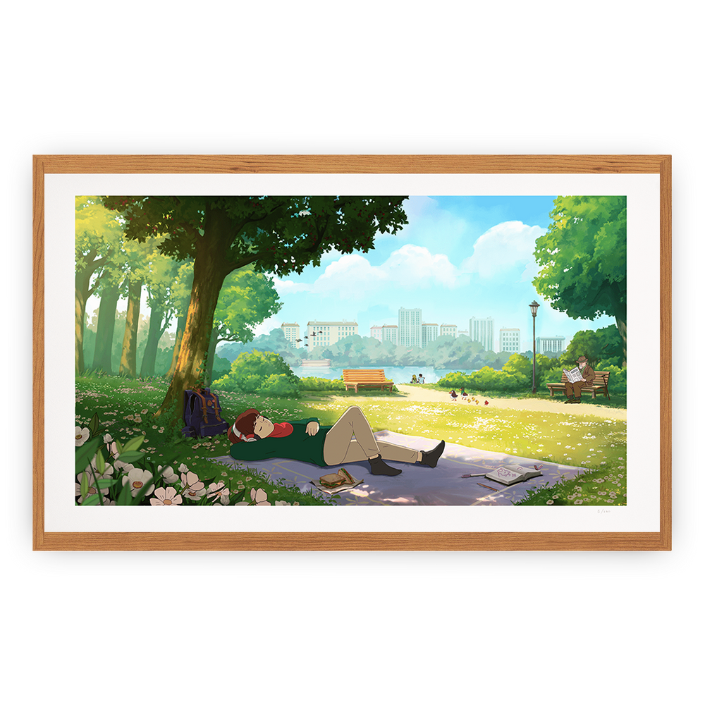 Framed artwork of a park scene with people relaxing under trees