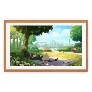 
                  
                    Framed artwork of a park scene with people relaxing under trees
                  
                