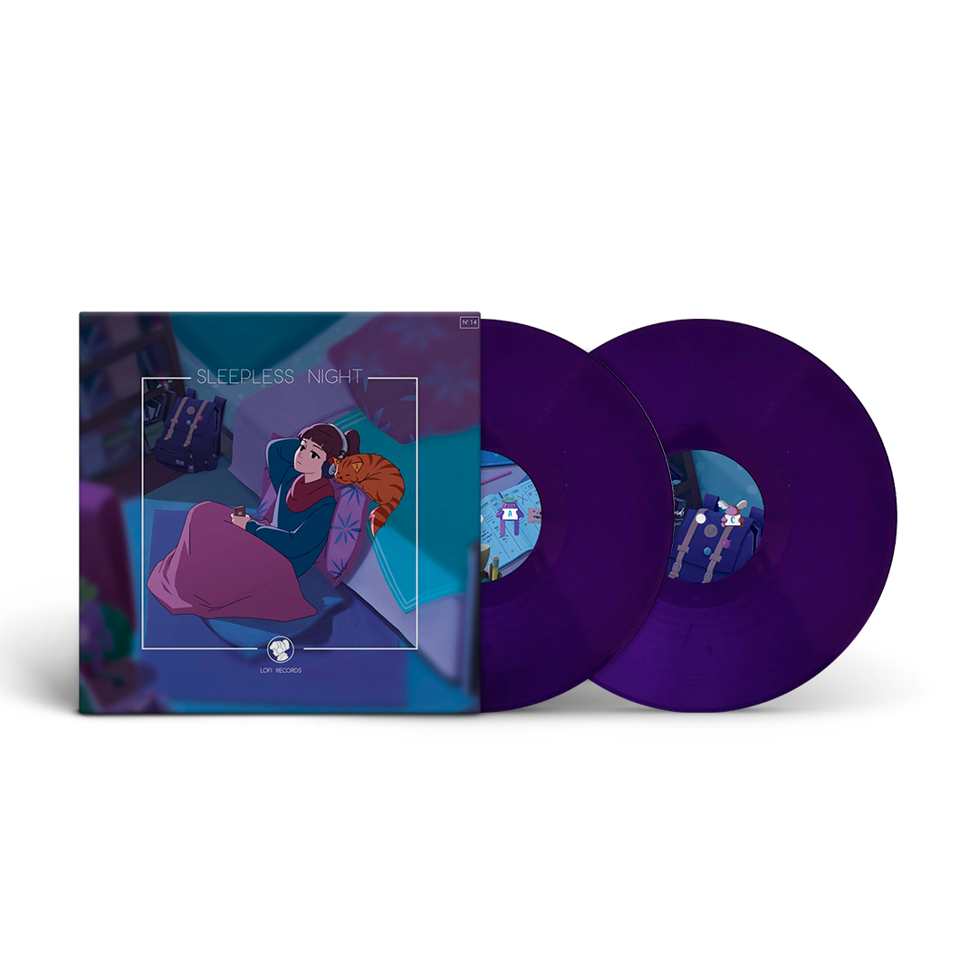 Lofi Girl Sleepless Night purple vinyl records with a matching cover on a white background