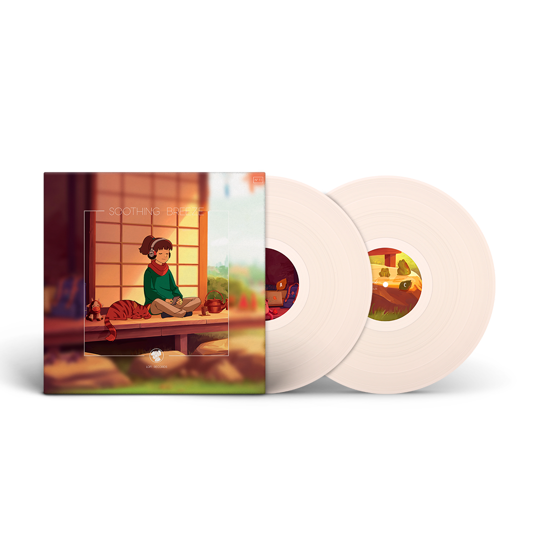 Lofi Girl Soothing Breeze vinyl record with a colorful cover featuring an illustration of a person sitting in a room.