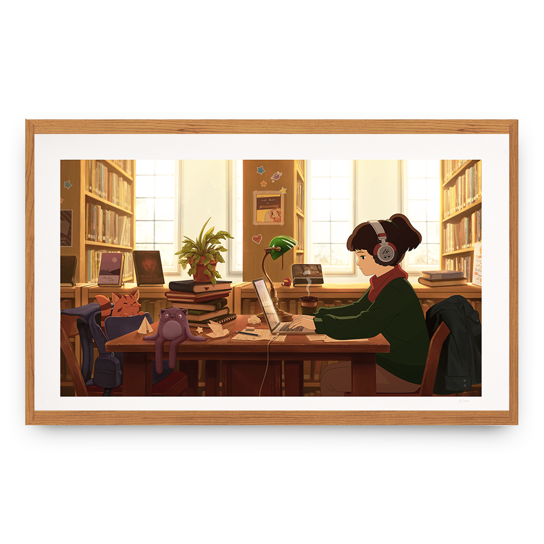 Illustration of a person working at a desk in a library with a warm, inviting atmosphere.