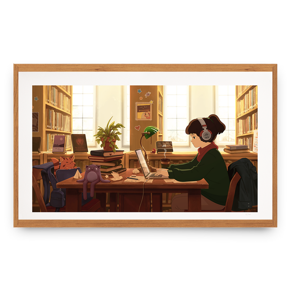 Illustration of a person working at a desk in a library with a warm, inviting atmosphere.
