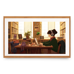 Illustration of a person working at a desk in a library with a warm, inviting atmosphere.