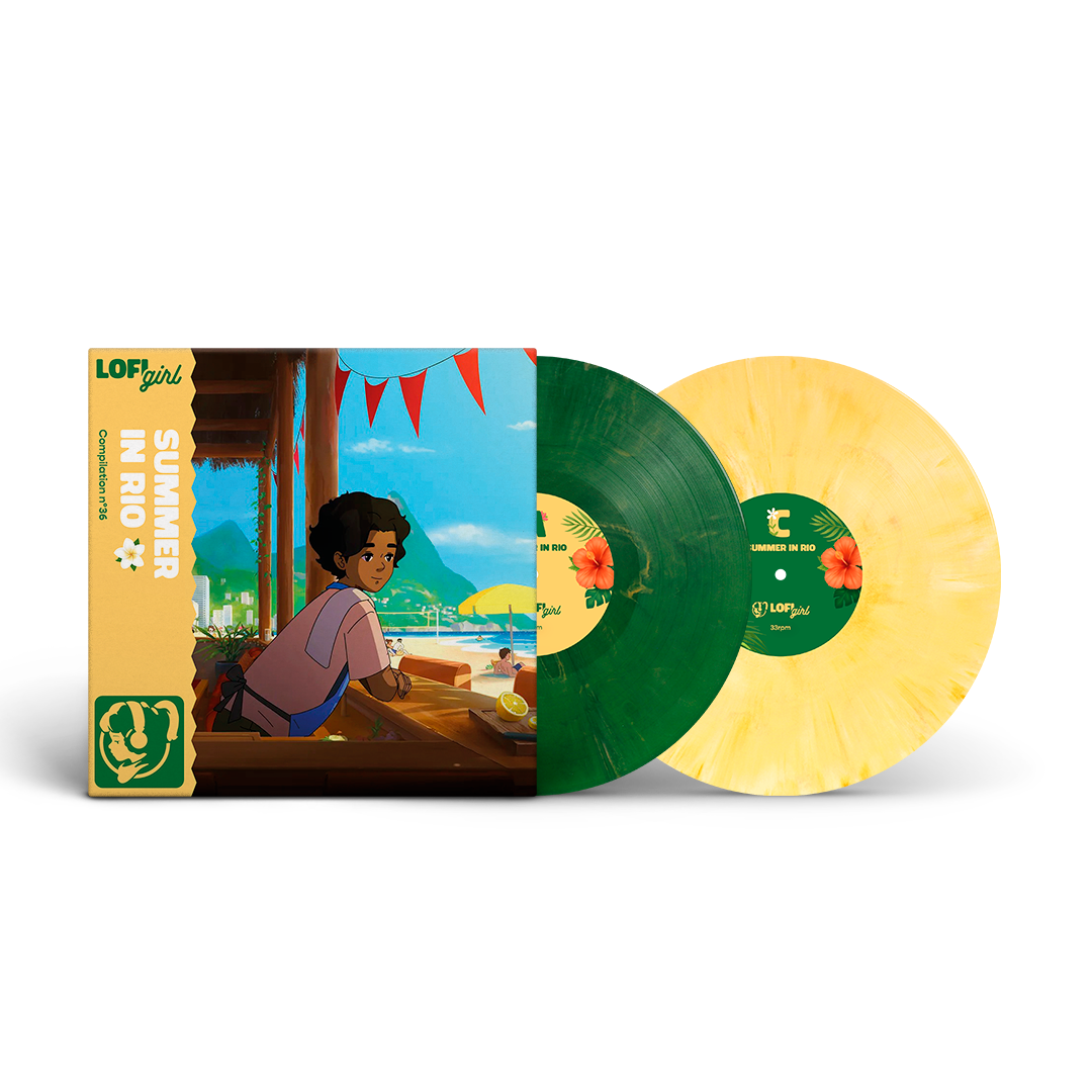 Vinyl record set with colorful packaging featuring a person by a window.