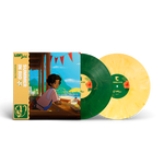 Vinyl record set with colorful packaging featuring a person by a window.