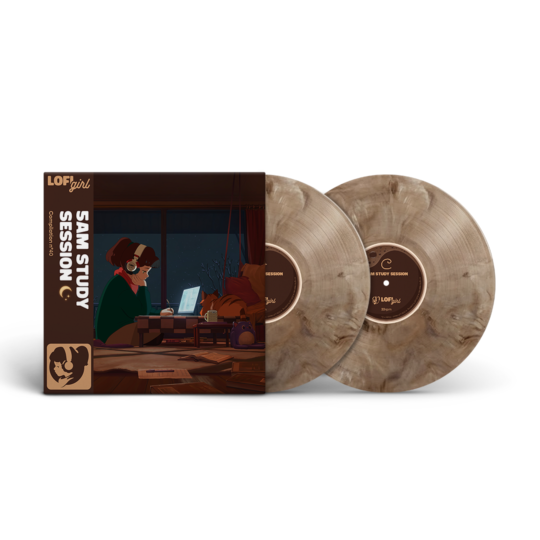 Vinyl records with packaging featuring a person with headphones and a laptop.