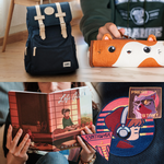 A collage showcasing various Lofi Girl merchandise. The top half displays a navy blue backpack and an orange pencil case, while the bottom half shows a person reading a "Lofi Girl" notebook and a close-up of three colorful embroidered patches with retro designs.