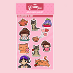 Lofi Girl Valentine's Day sticker sheet featuring adorable chibi-style illustrations of Lofi Girl, her cat, and other cute characters with hearts, roses, and love-themed elements. Packaged on a pink backing card with 'Lofi Girl' branding.